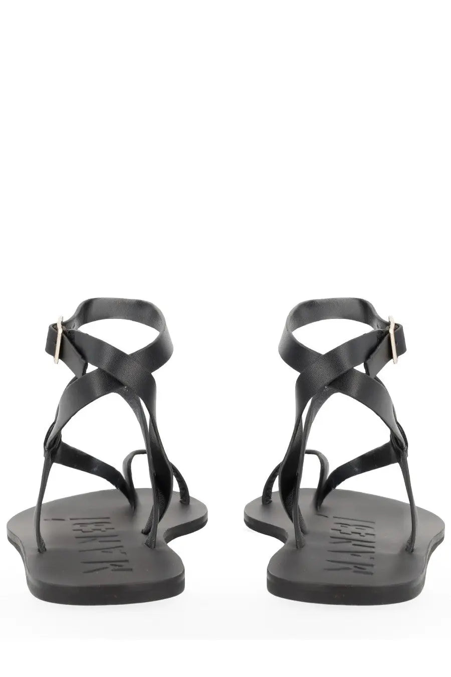 Manebi women’s sandalo in pelle black leather strappy sandals with silver-toned buckle details front view