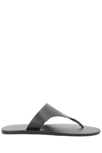 Manebi women’s sandalo black leather thong sandal with minimalist design and smooth matte finish front view