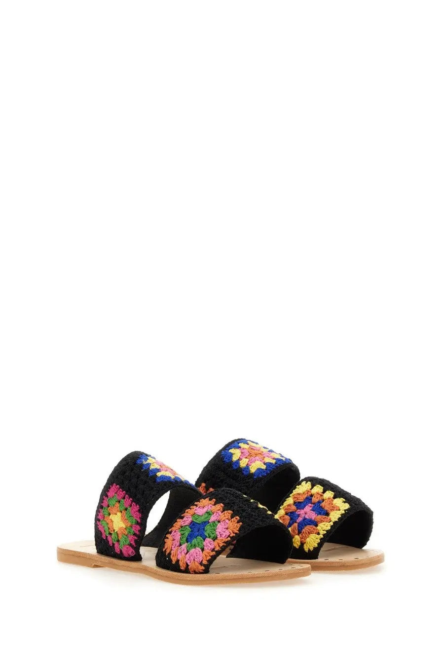 Manebi women’s sandalwood yucatá black crochet slide sandals with vibrant multicolored granny square straps