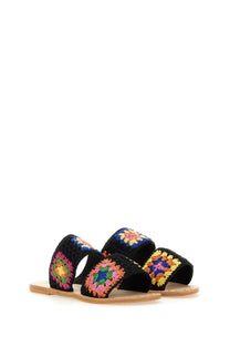 Manebi women’s sandalwood yucatá black crochet slide sandals with vibrant multicolored granny square straps