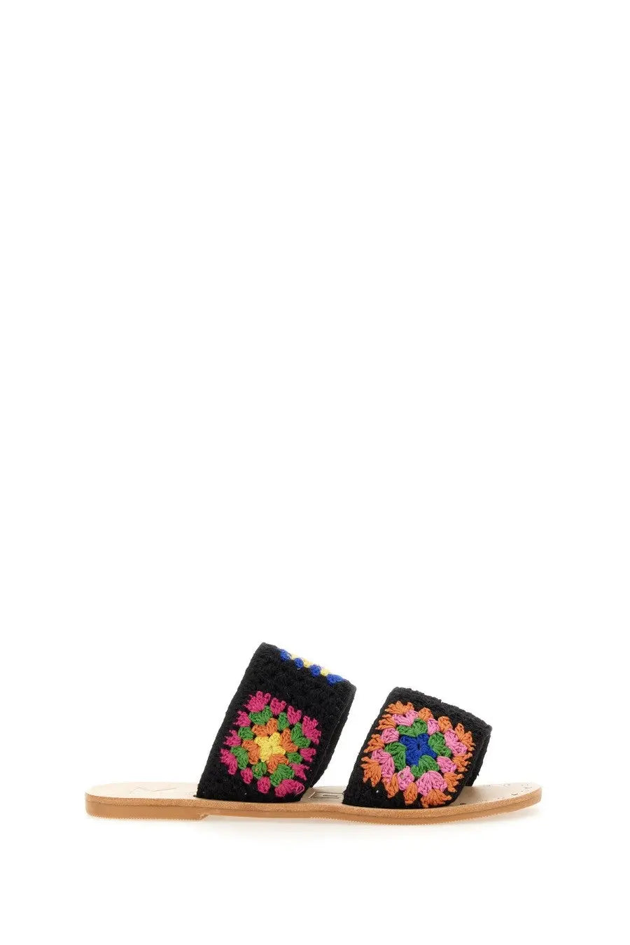 Manebi women’s sandalwood yucatá black slide sandals with black crochet and multicolored granny square straps
