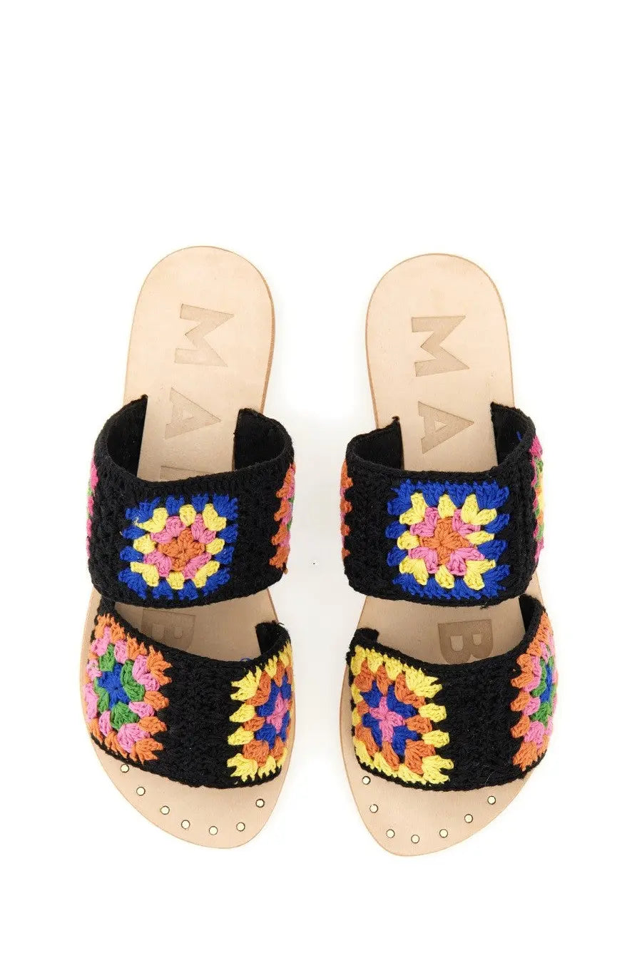 Manebi women’s sandalwood yucatá black slide sandals with black crocheted straps and multicolored granny square patterns