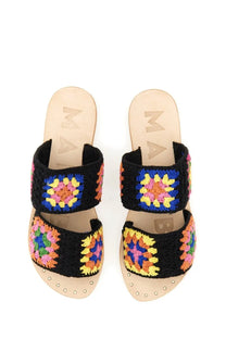 Manebi women’s sandalwood yucatá black slide sandals with black crocheted straps and multicolored granny square patterns