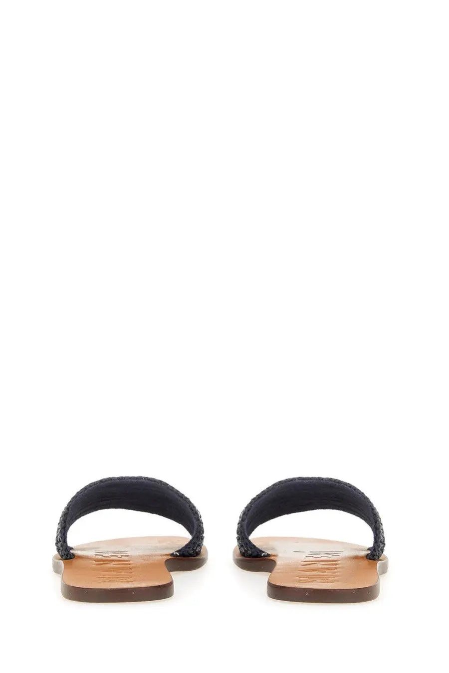 Manebi women’s slide sandal blue featuring black woven strap and tan leather sole