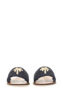 Manebi women’s navy blue woven slide sandals with beige palm tree embroidery for casual wear