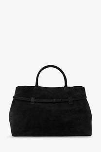 Manu Atelier women’s le Cambon black suede duffle bag with rounded top handles and matching front belt detail