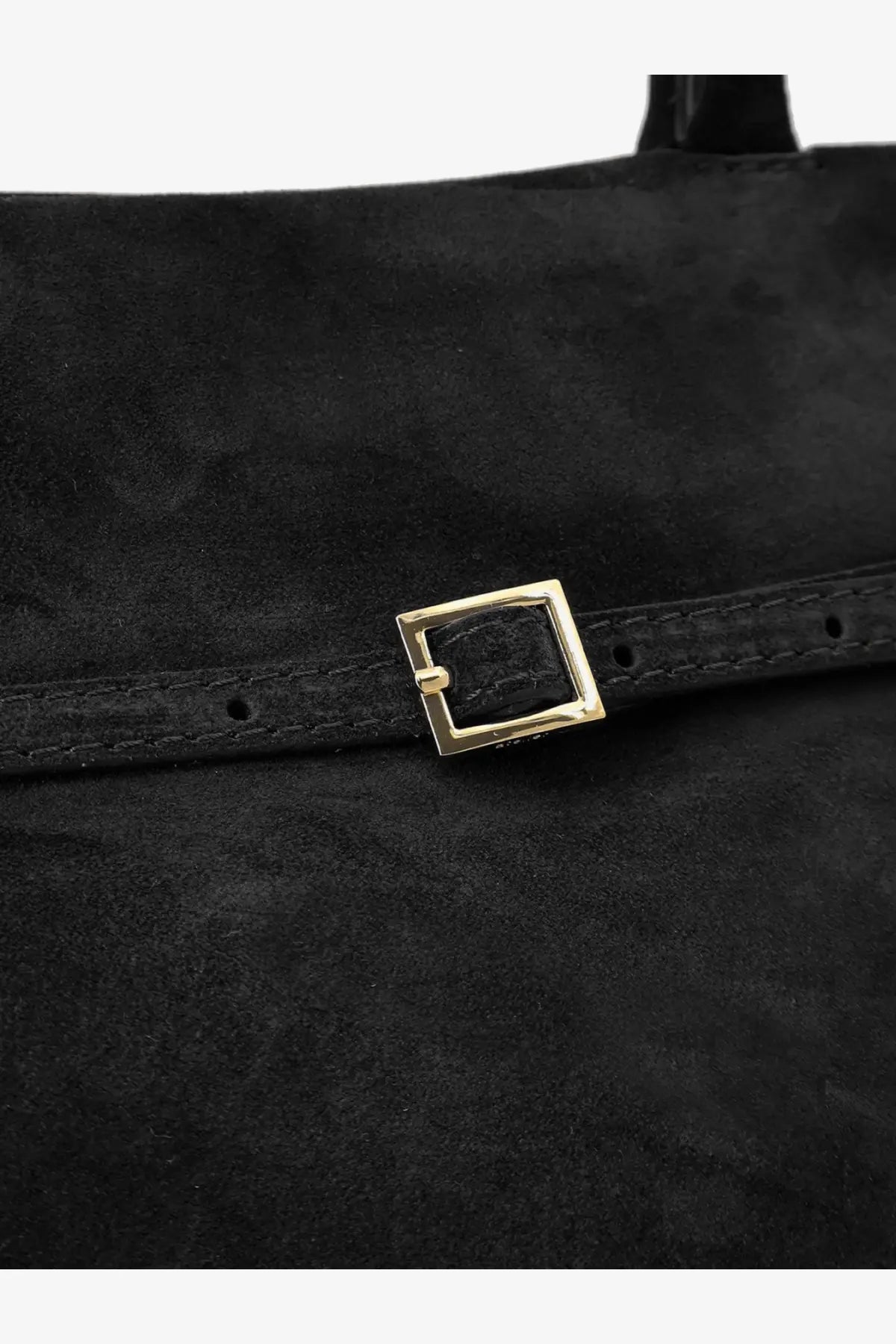 Manu Atelier women’s le cambon black suede handbag with gold-tone square buckle and structured silhouette