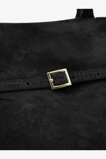 Manu Atelier women’s le cambon black suede handbag with gold-tone square buckle and structured silhouette