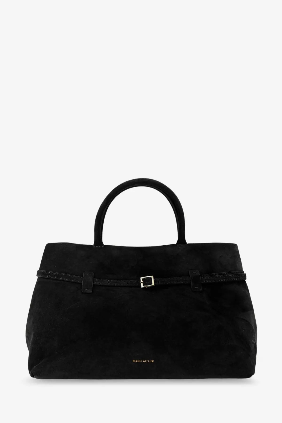 Manu Atelier women’s le cambon black suede handbag with silver buckle and top handles for stylish carrying