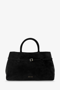 Manu Atelier women’s le cambon black suede handbag with silver buckle and top handles for stylish carrying