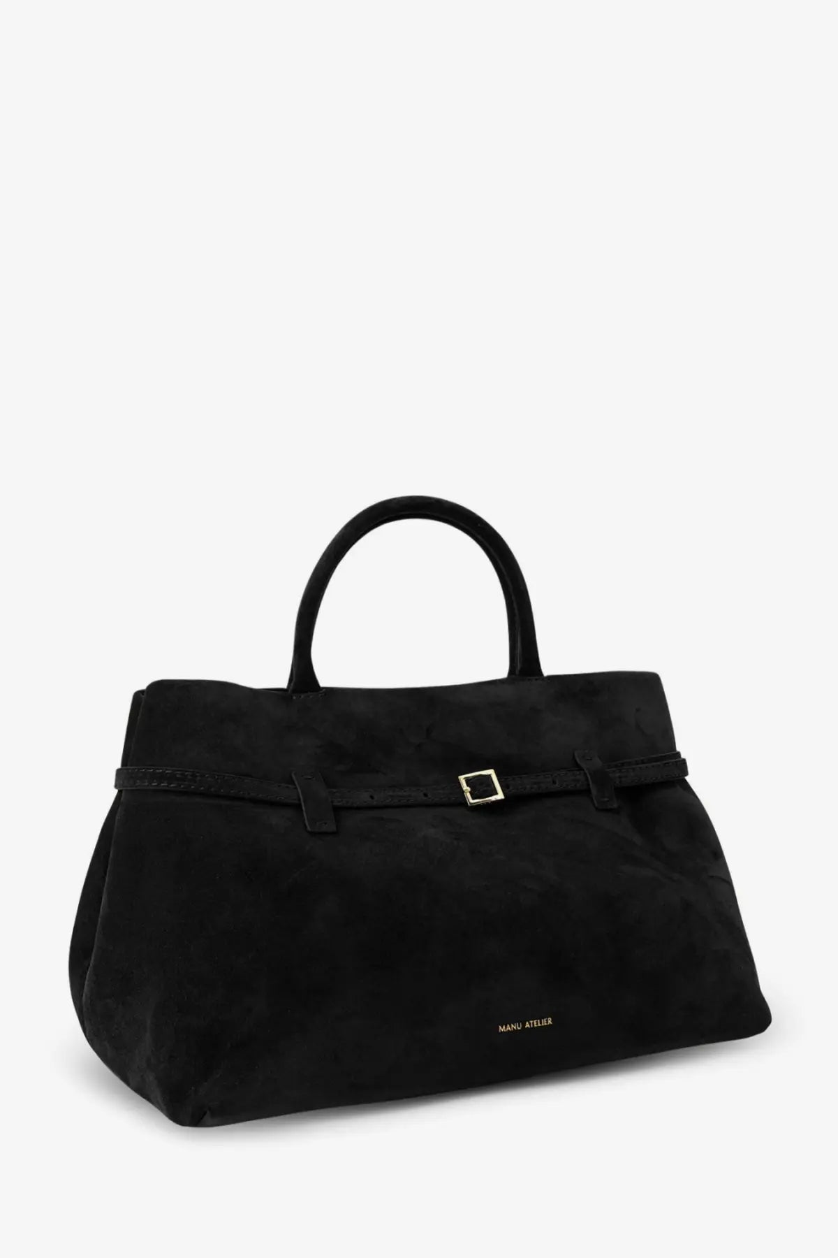 Manu Atelier women’s le cambon black suede tote bag with gold-tone buckle and top handles