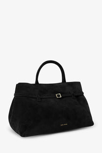 Manu Atelier women’s le cambon black suede tote bag with gold-tone buckle and top handles