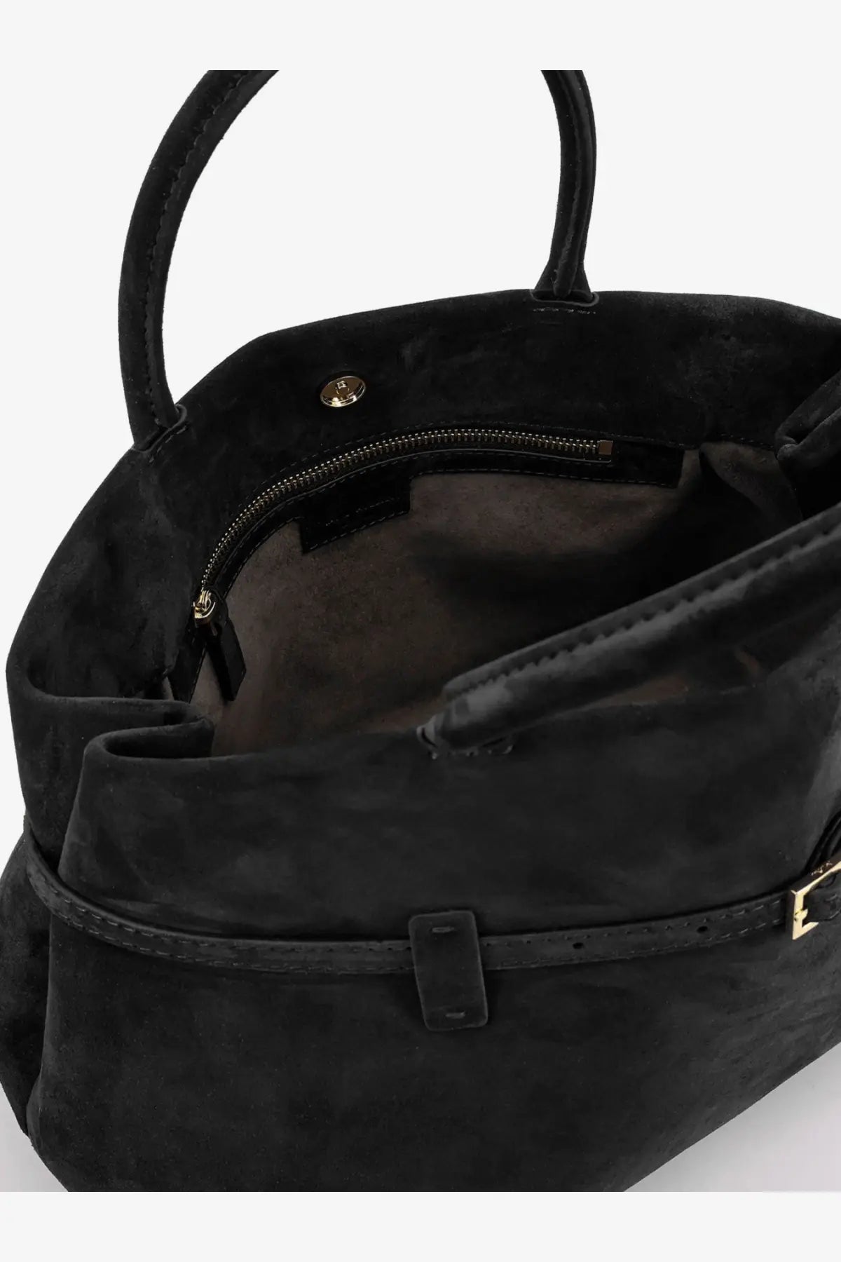 Manu Atelier women’s le cambon black suede tote bag with gold-tone hardware and front buckle strap