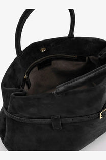 Manu Atelier women’s le cambon black suede tote bag with gold-tone hardware and front buckle strap