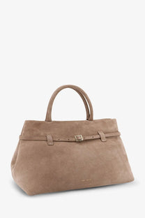 Beige suede manu atelier women’s shoulder bag with matching belt strap and gold-tone buckle in brown color