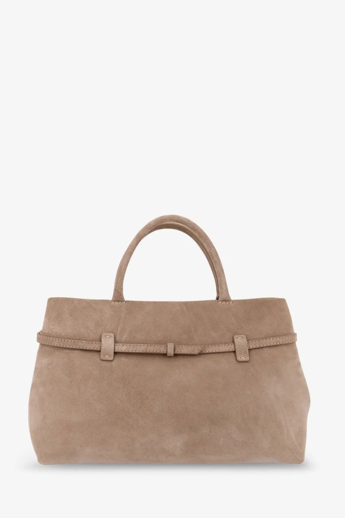 Beige suede tote bag with top handles and matching belt-style closure from Manu Atelier women’s le Cambon collection