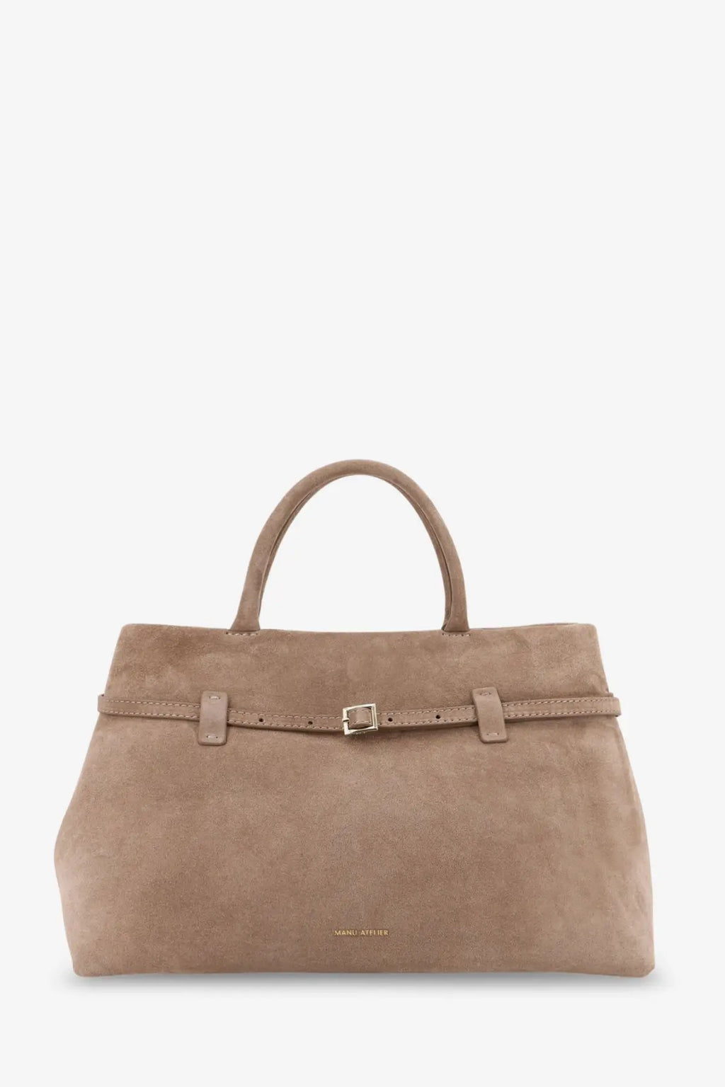 Beige suede tote bag with central belt strap and gold-tone buckle from manu atelier women’s le cambon collection