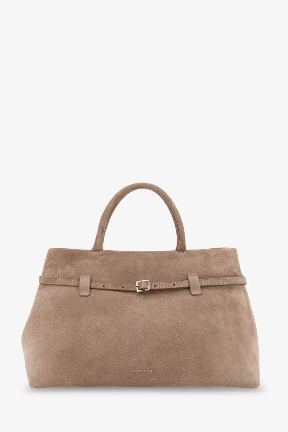 Beige suede tote bag with central belt strap and gold-tone buckle from manu atelier women’s le cambon collection
