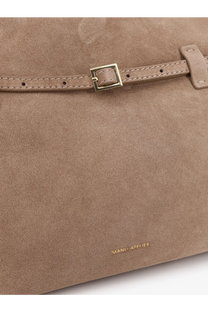 Tan suede shoulder bag by Manu Atelier with a gold-tone rectangular buckle and matching leather strap in brown