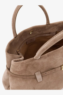Manu Atelier women’s le cambon brown taupe suede tote bag with top handles and gold-tone front strap closure