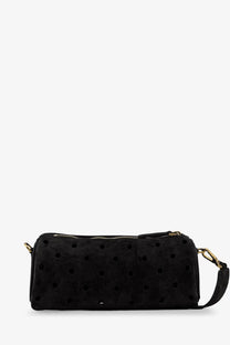 Manu Atelier women’s mini cylinder black suede crossbody bag with perforated holes and gold-tone hardware