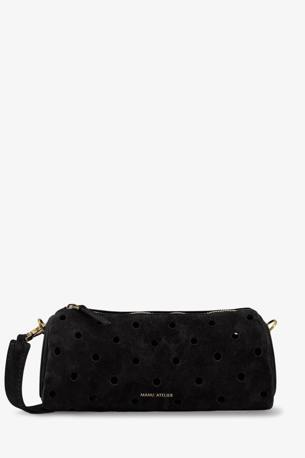 Manu Atelier women’s mini cylinder suede crossbody bag in black with gold-tone hardware and perforated dot pattern