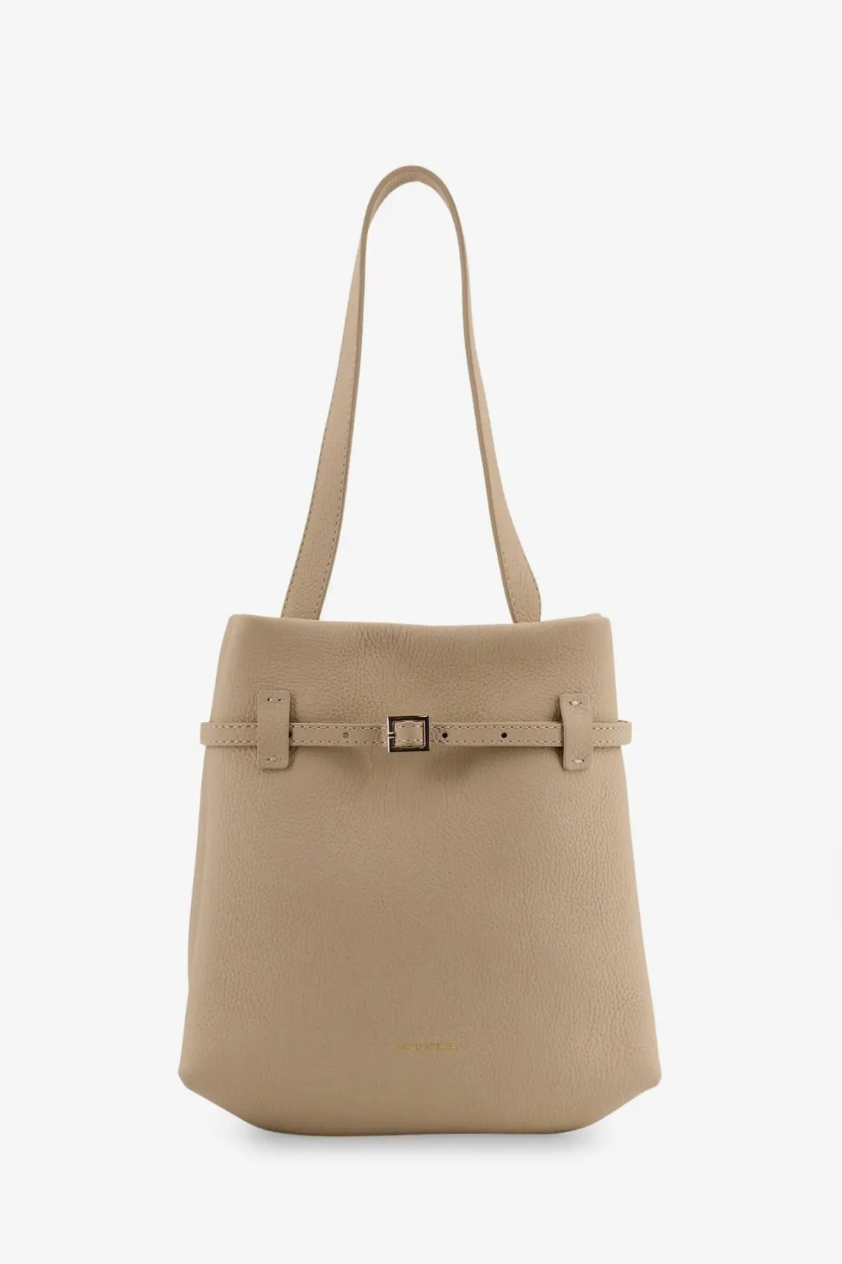Beige leather mini tote bag with buckle strap detail by Manu Atelier for women shoulder carry in white color