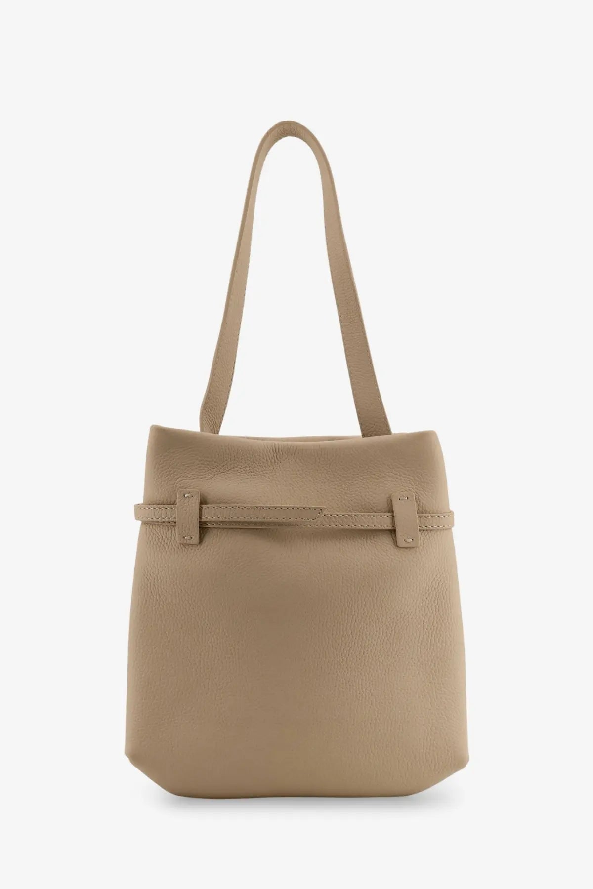 Beige leather tote bag with minimalist design and adjustable shoulder strap from Manu Atelier women’s collection