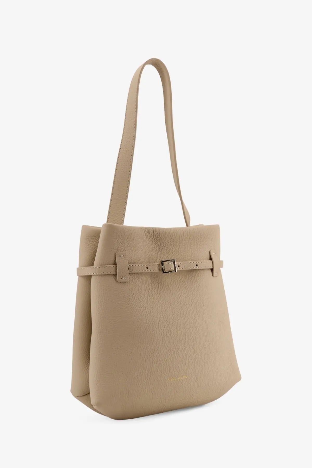Beige leather mini bucket bag with matching strap and buckle detail from manu atelier tote du jour collection