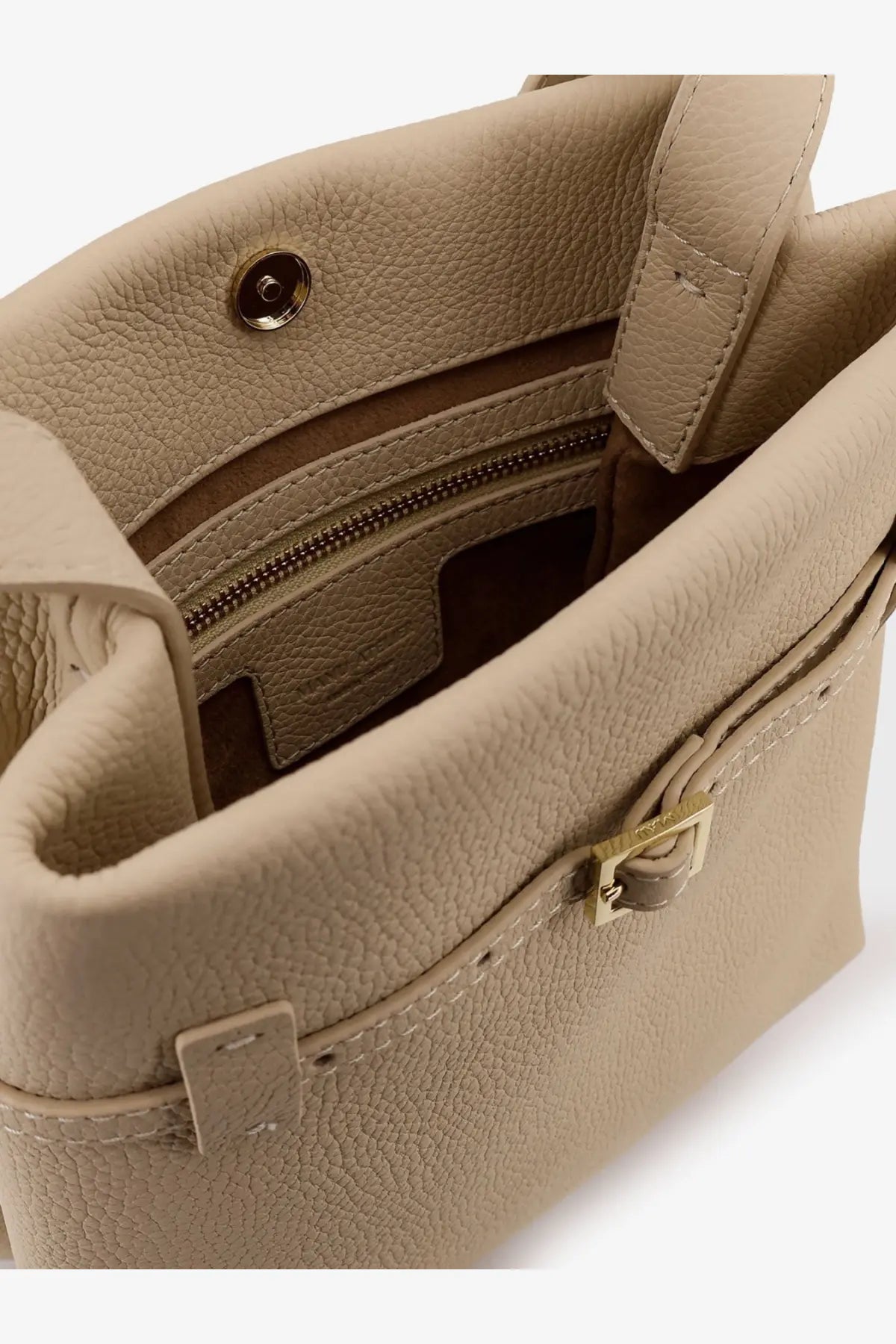 Manu Atelier women’s mini tote du jour leather shoulder bag in beige textured leather with gold-tone hardware and front buckle closure