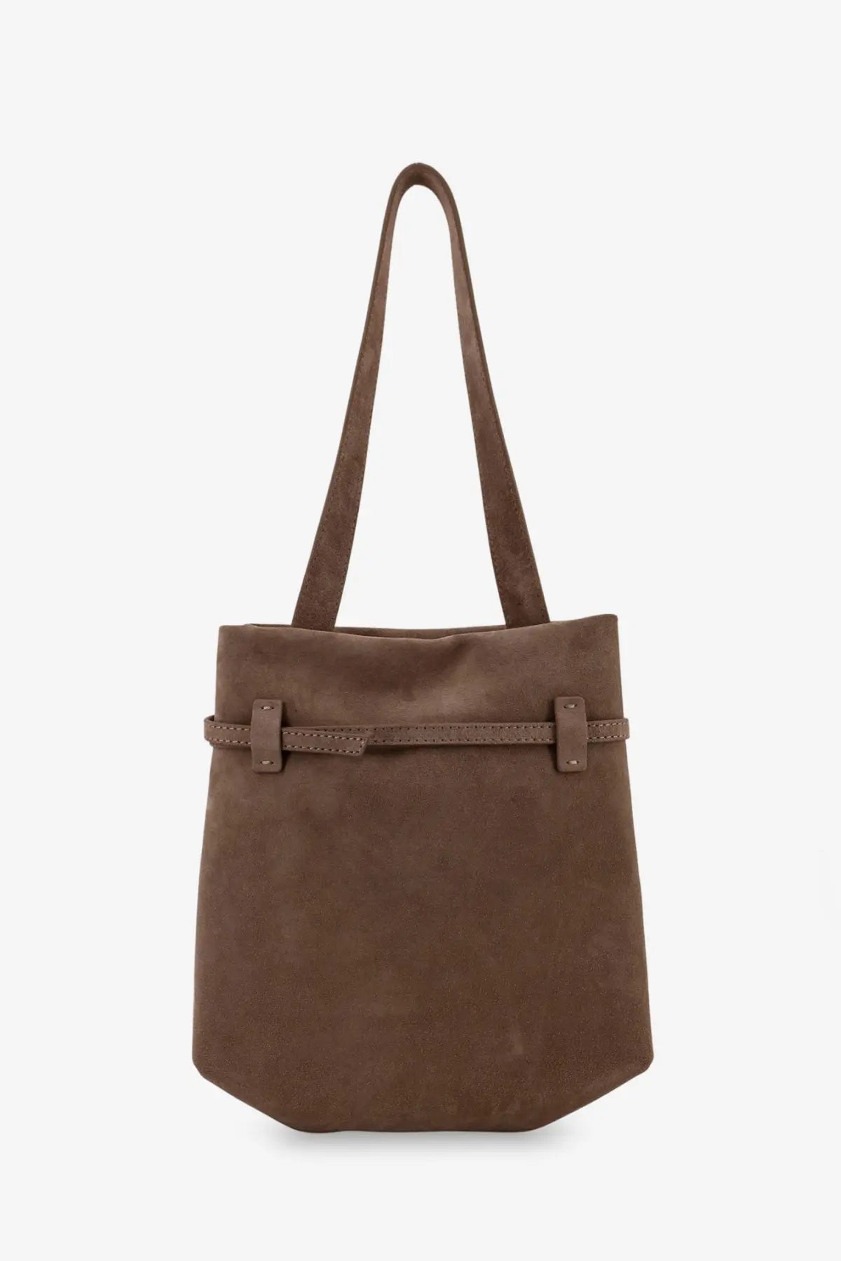 Manu Atelier women’s mini tote du jour suede shoulder bag in brown with matching leather strap and metal buckle accents