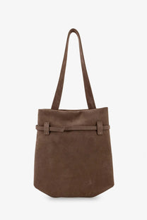 Manu Atelier women’s mini tote du jour suede shoulder bag in brown with matching leather strap and metal buckle accents