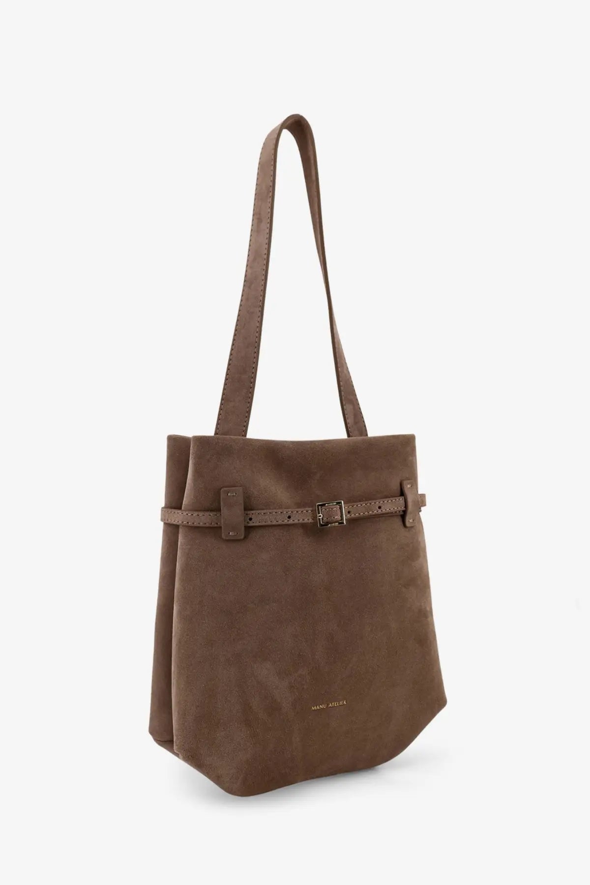 Manu Atelier women’s mini tote du jour suede shoulder bag brown with matching leather strap and buckle detail
