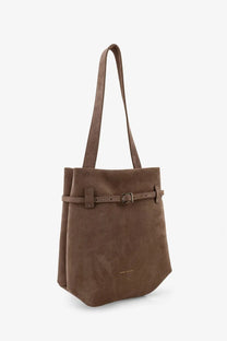 Manu Atelier women’s mini tote du jour suede shoulder bag brown with matching leather strap and buckle detail