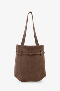 Manu Atelier women’s mini tote du jour suede shoulder bag in brown with matching belt strap and buckle detail
