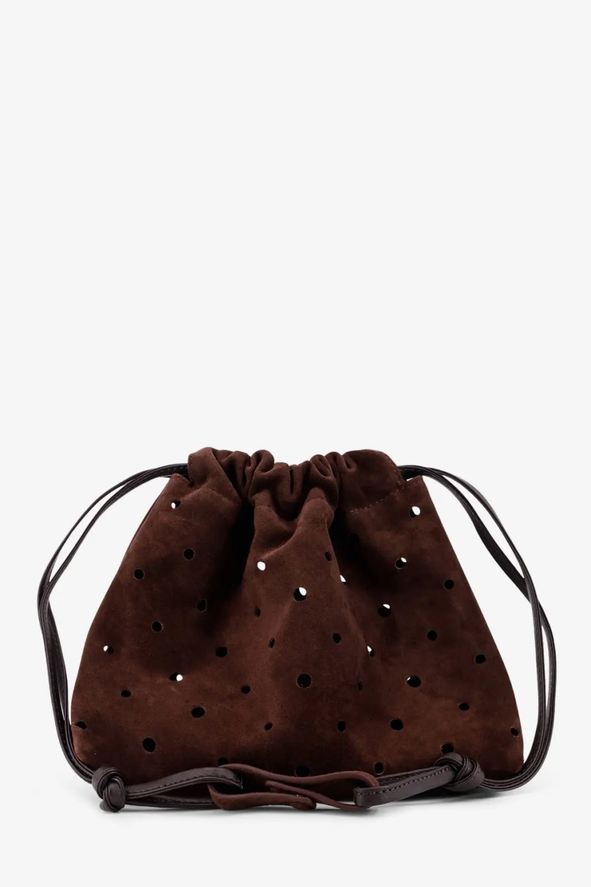Manu atelier women’s romy brown suede shoulder bag with black perforated dots and matching leather straps