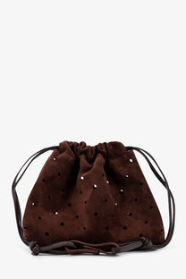 Manu atelier women’s romy brown suede shoulder bag with black perforated dots and matching leather straps