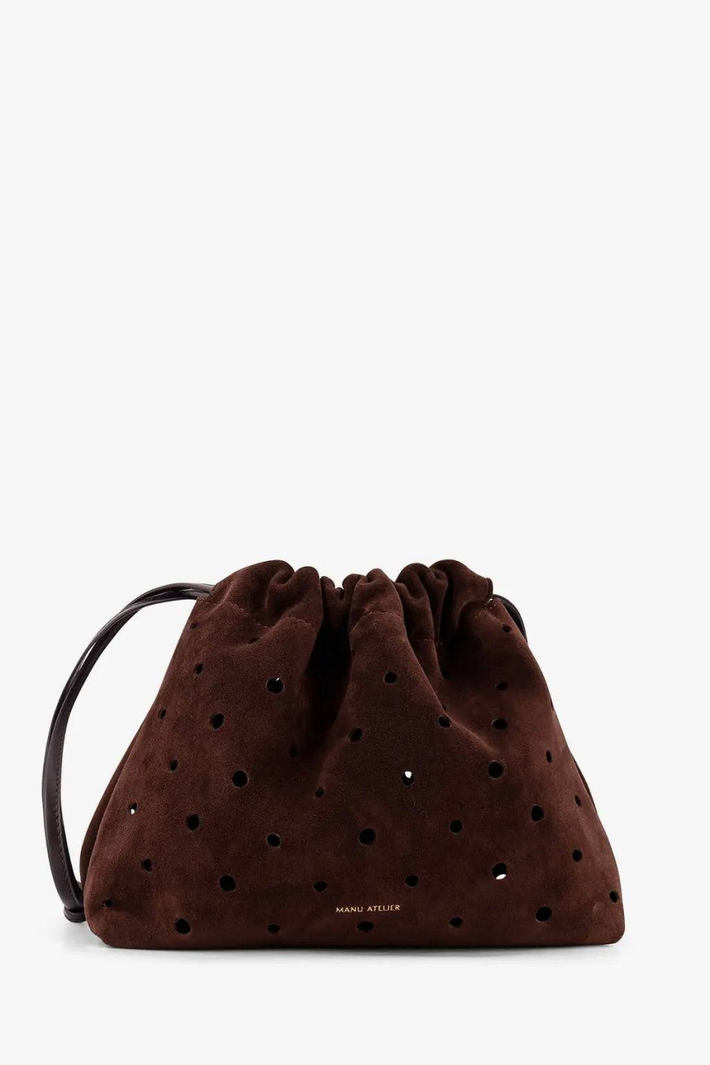 Manu atelier women’s romy suede shoulder bag in brown with drawstring top and black perforations with gold logo