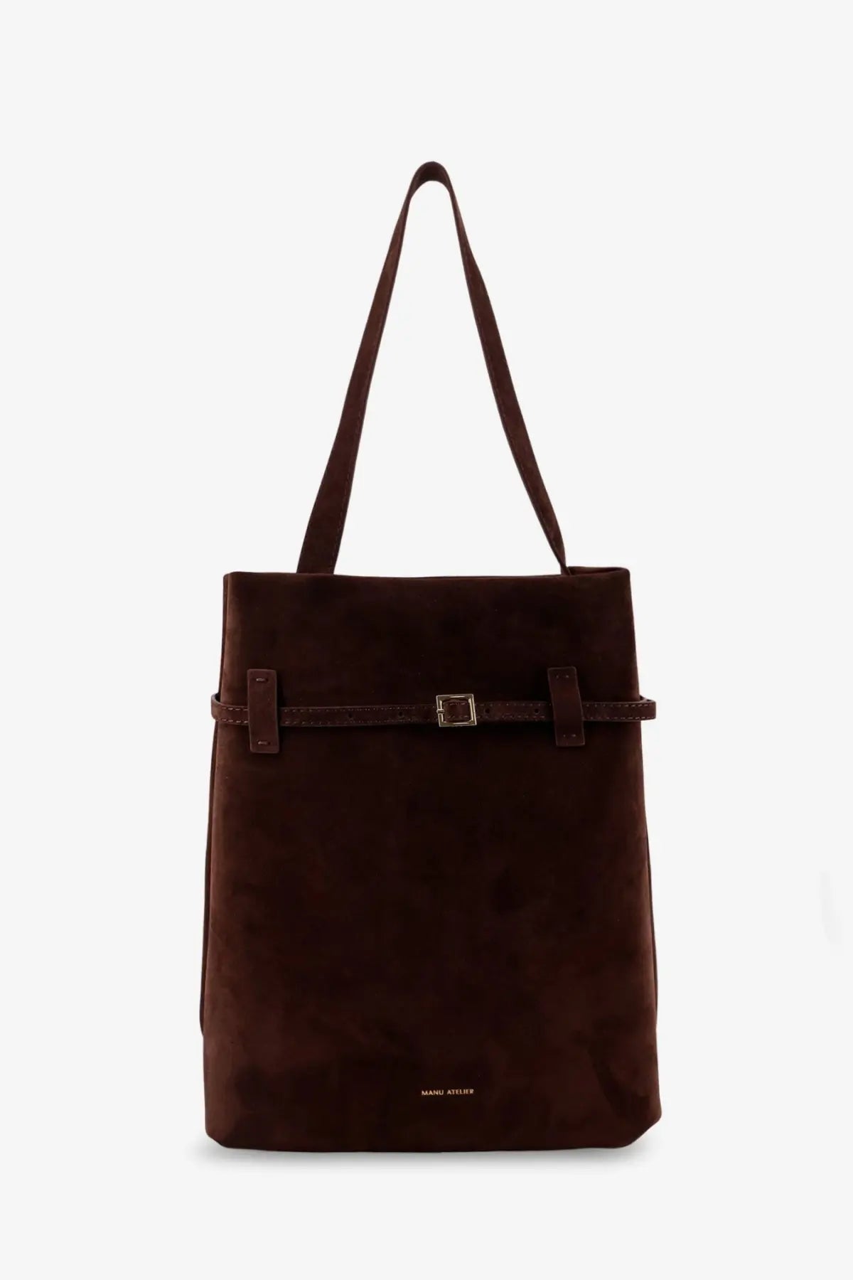 Manu Atelier women’s dark brown suede tote bag with central leather strap and silver-toned buckle