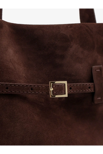Manu Atelier women’s brown suede tote du jour shoulder bag with matching leather strap and gold-tone buckle