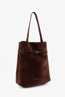 Manu Atelier women’s rich brown suede tote bag with matching leather strap and silver-toned buckle