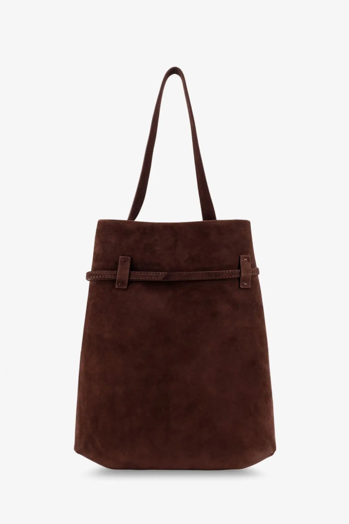 Manu Atelier women’s brown suede tote bag with textured strap and metal hardware accents for shoulder carry