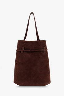 Manu Atelier women’s brown suede tote bag with textured strap and metal hardware accents for shoulder carry