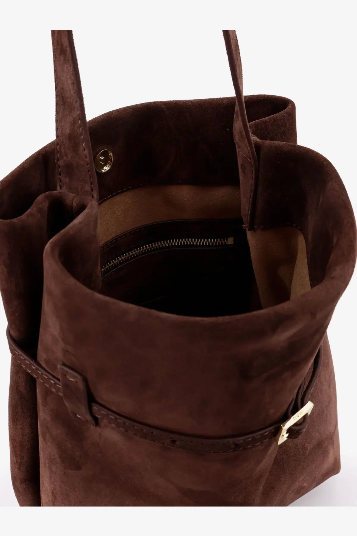 Manu Atelier women’s brown suede tote du jour shoulder bag with zipper-lined interior and metallic hardware accents