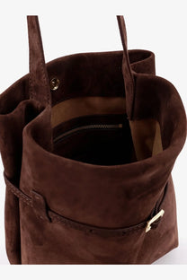 Manu Atelier women’s brown suede tote du jour shoulder bag with zipper-lined interior and metallic hardware accents