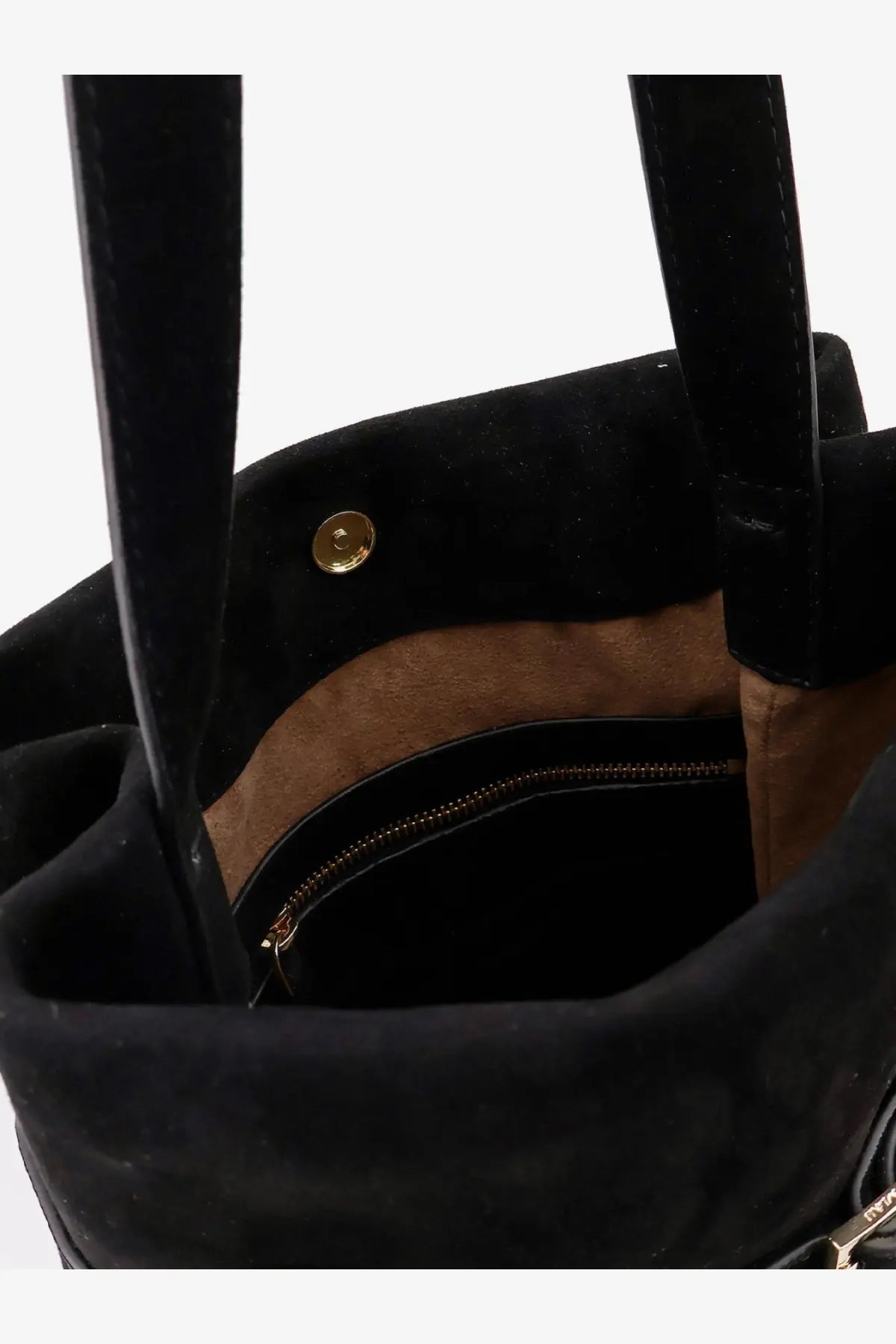 Manu Atelier women’s tote du jour black suede shoulder bag with tan interior lining and gold tone hardware