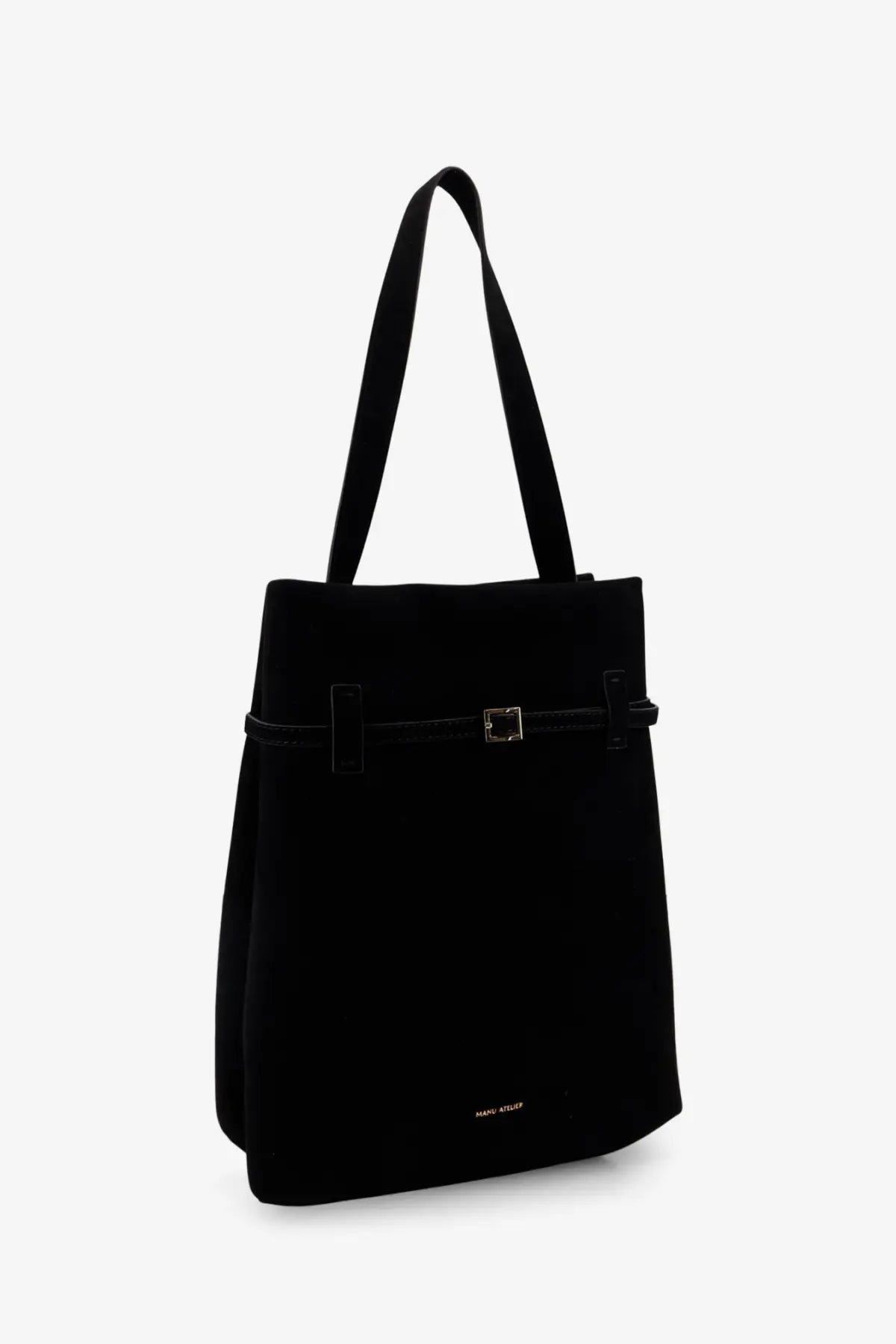 Manu Atelier women’s black velvet tote du jour shoulder bag with sleek silver buckle and minimalist design