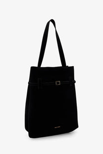 Manu Atelier women’s black velvet tote du jour shoulder bag with sleek silver buckle and minimalist design