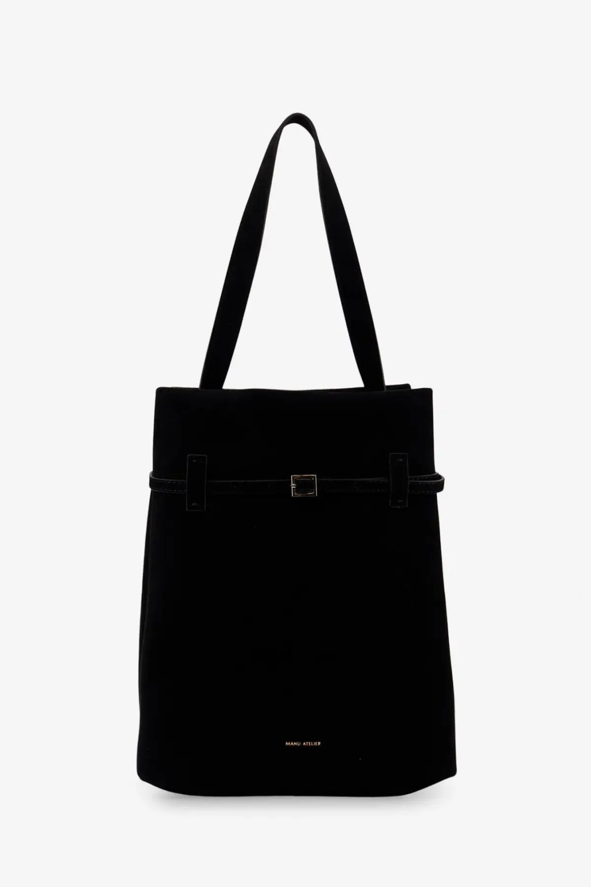 Manu Atelier women’s tote du jour black suede shoulder bag with sleek silver buckle and minimalist design