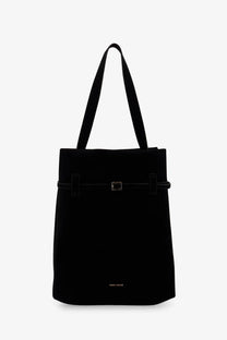 Manu Atelier women’s tote du jour black suede shoulder bag with sleek silver buckle and minimalist design